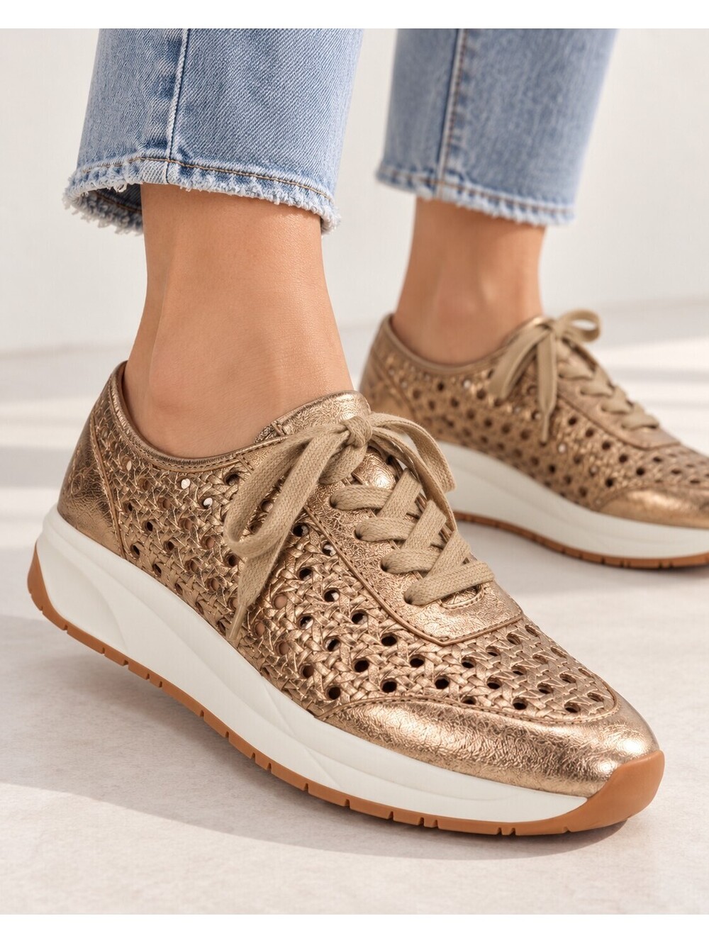 Patrisha Nash Milla Perforated Leather Sneaker Woman's 8.5M Metallic Gold